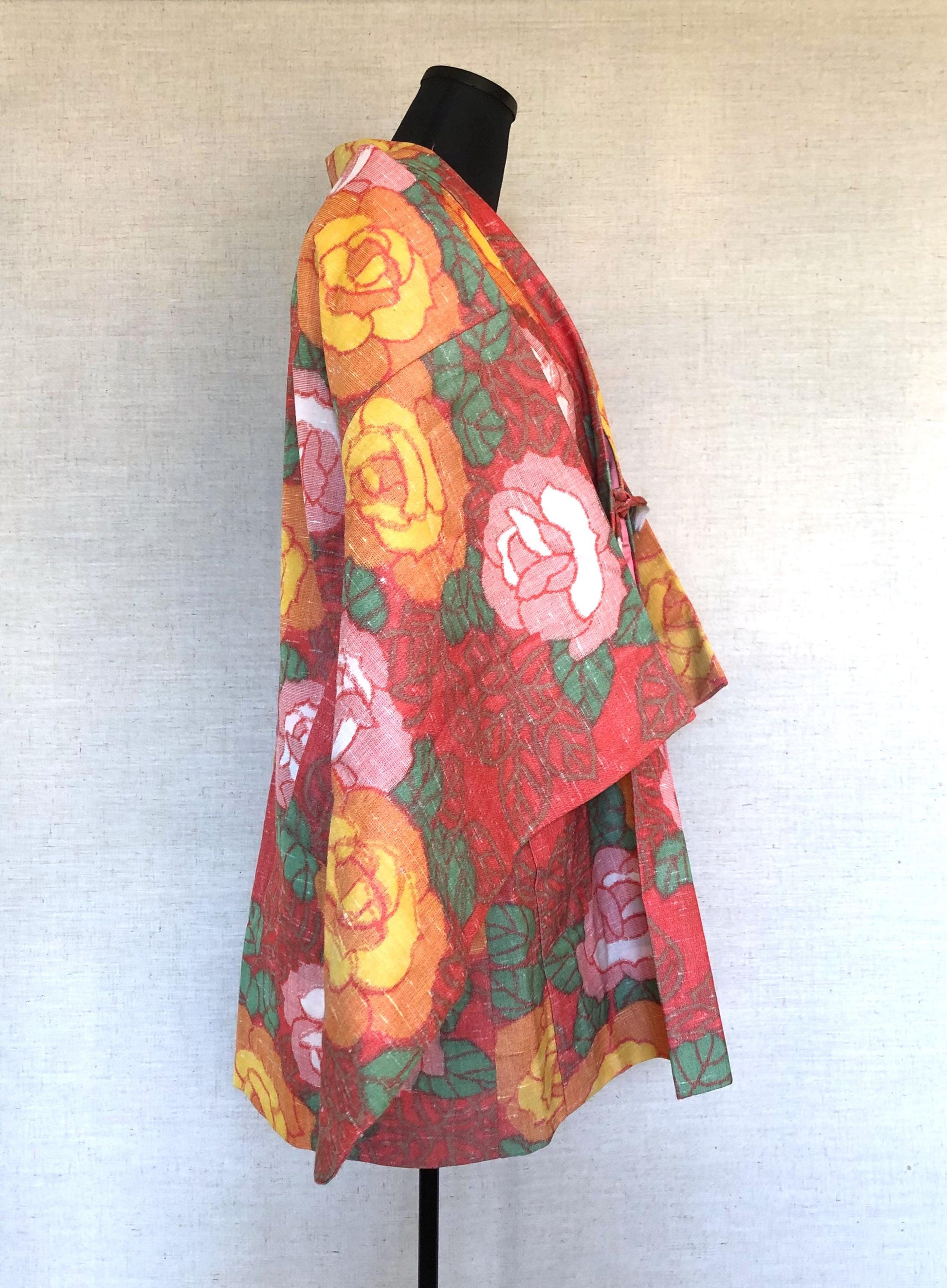 Cute kimono set - casual kimono and a matching haori - coral pink with roses