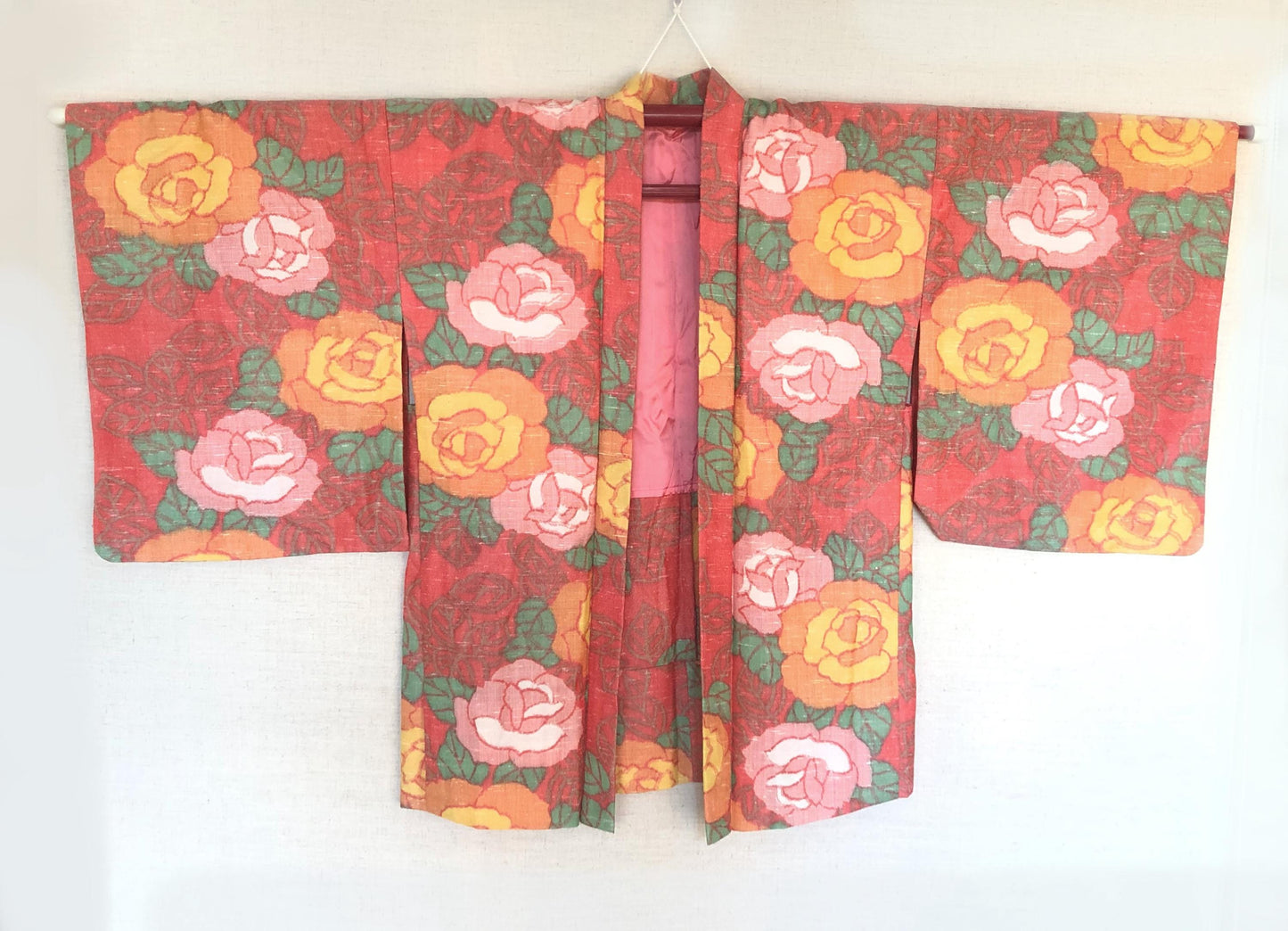 Cute kimono set - casual kimono and a matching haori - coral pink with roses