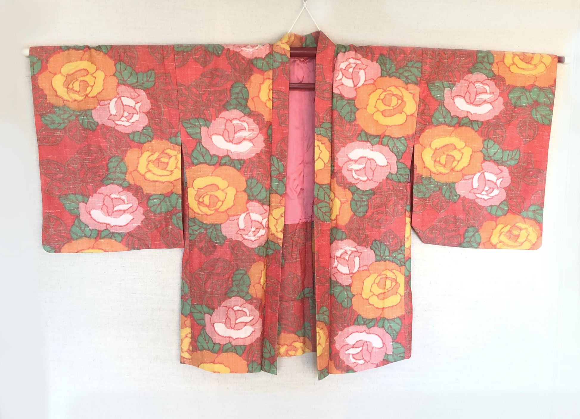Cute kimono set - casual kimono and a matching haori - coral pink with roses