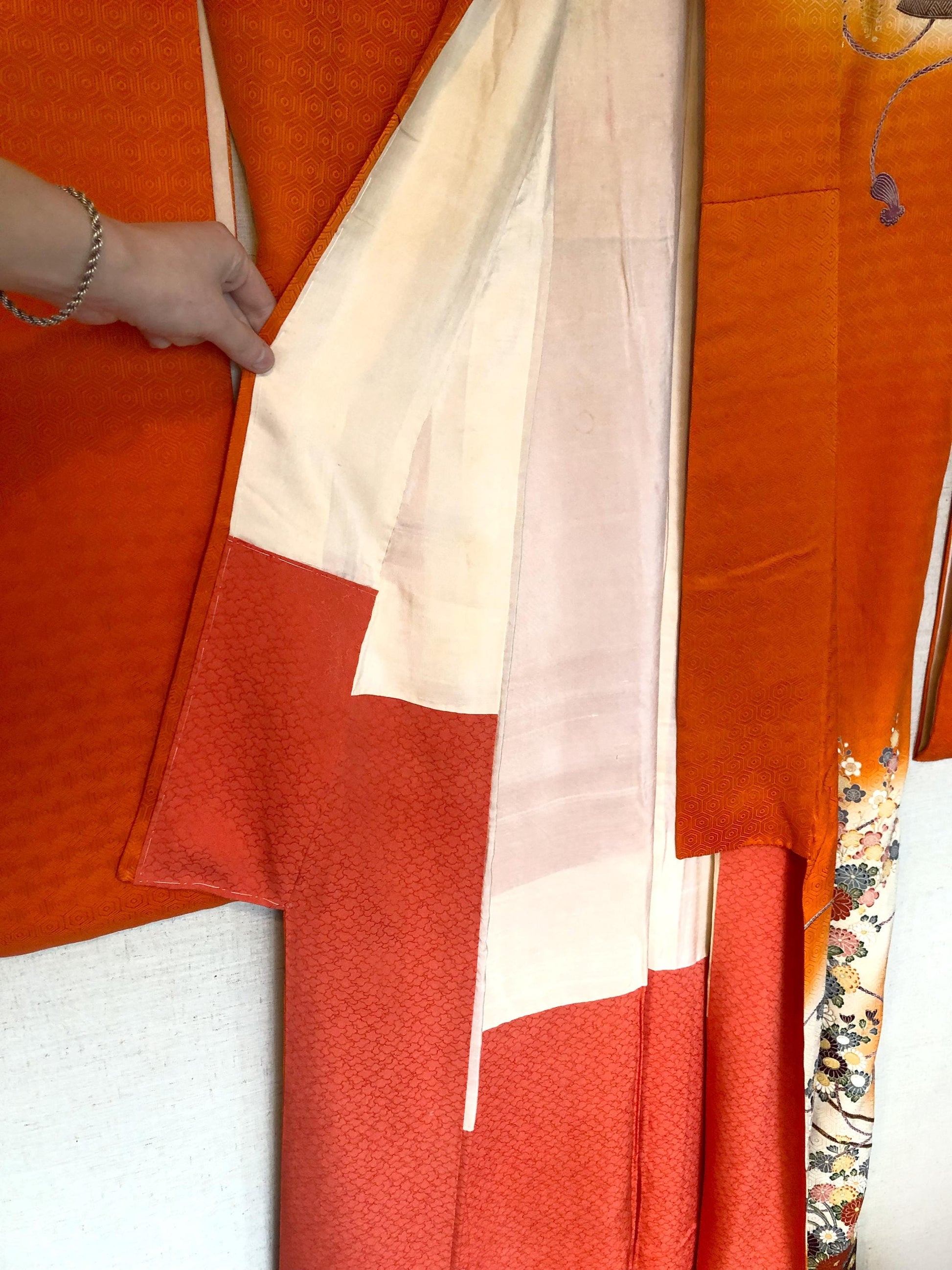 Long sleeve kimono furisode - vivid orange with colorful flower baskets