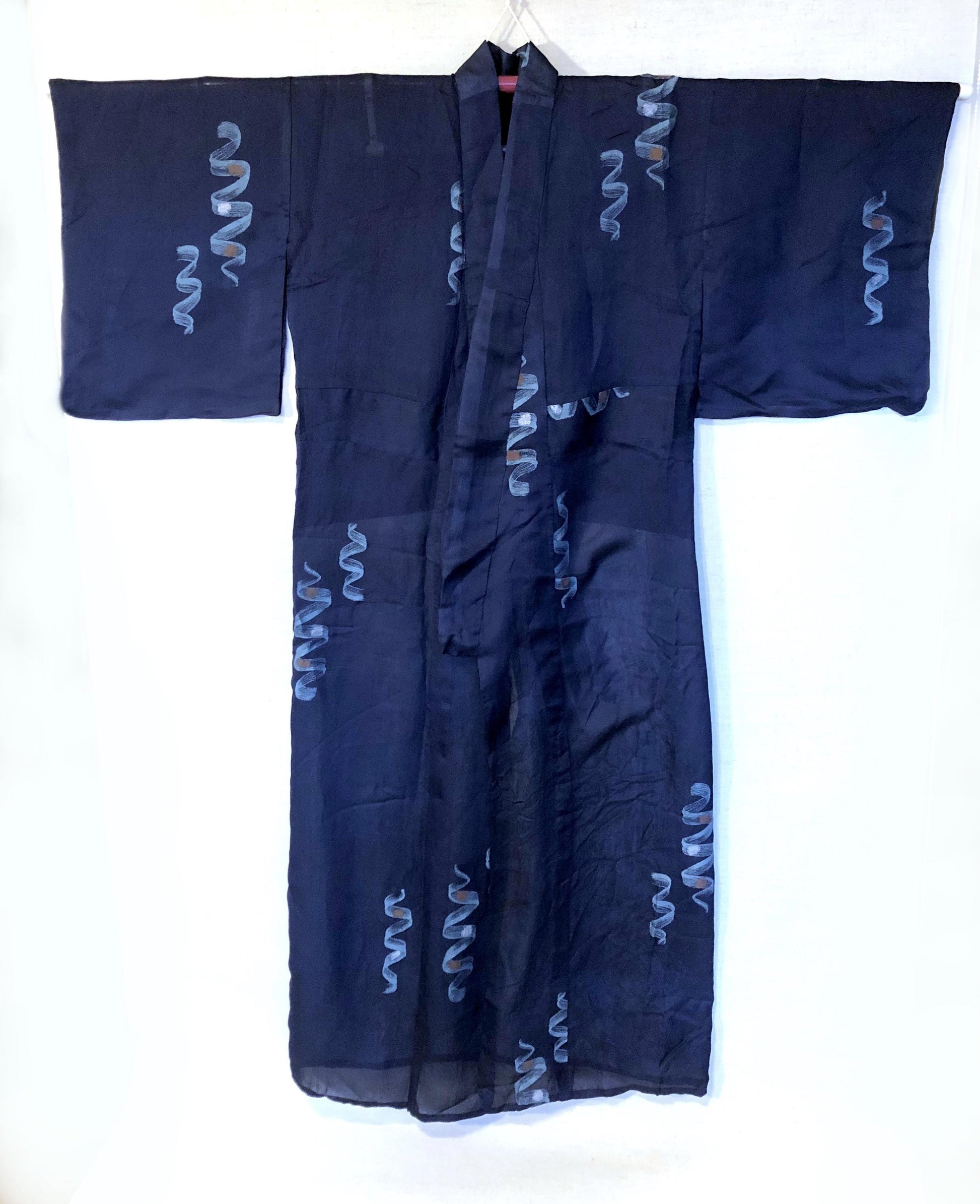 Vintage Japanese summer kimono - see through dark blue with light blue ribbons pattern