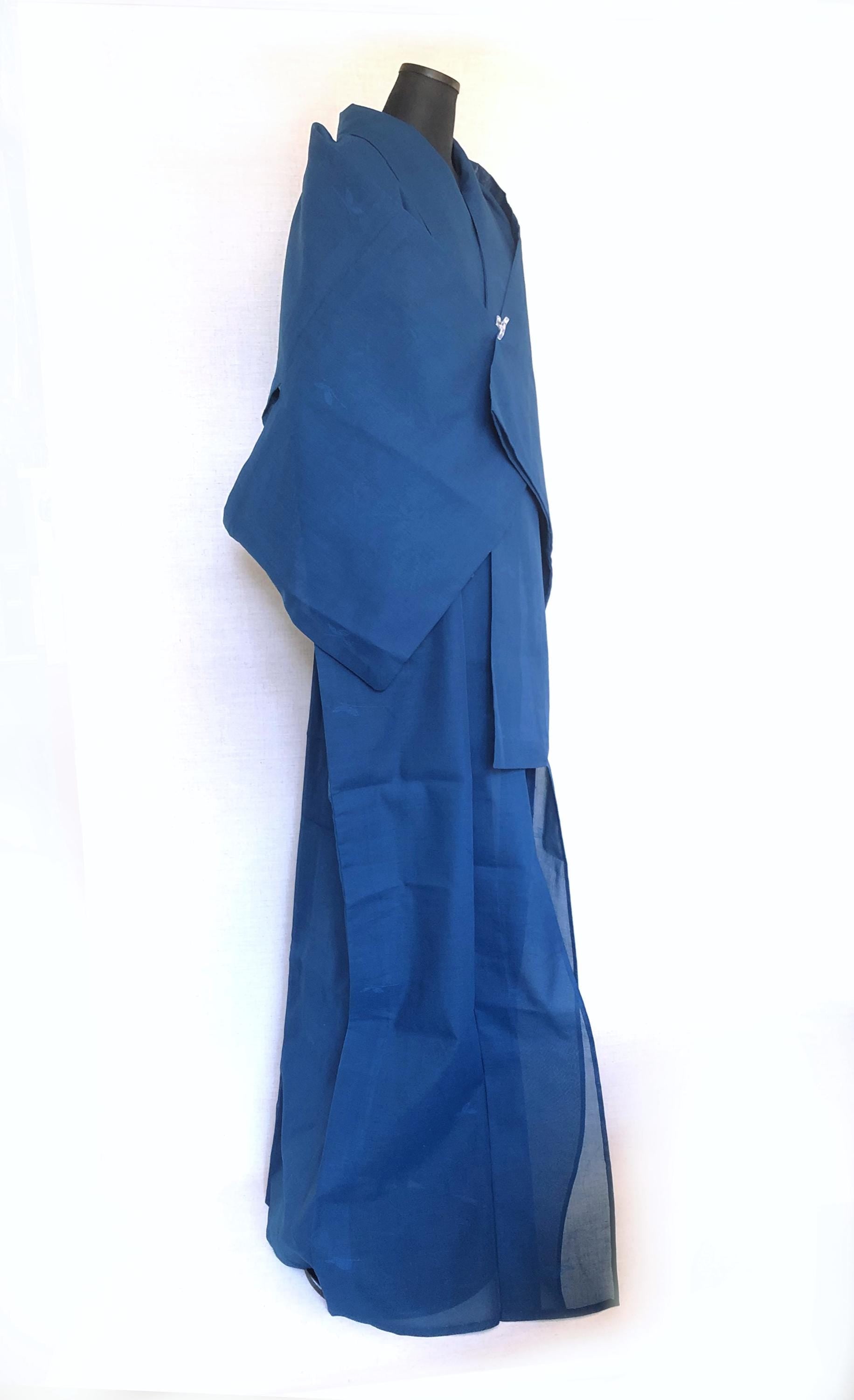 Vintage Japanese summer kimono - see through dark teal with subtle floral pattern