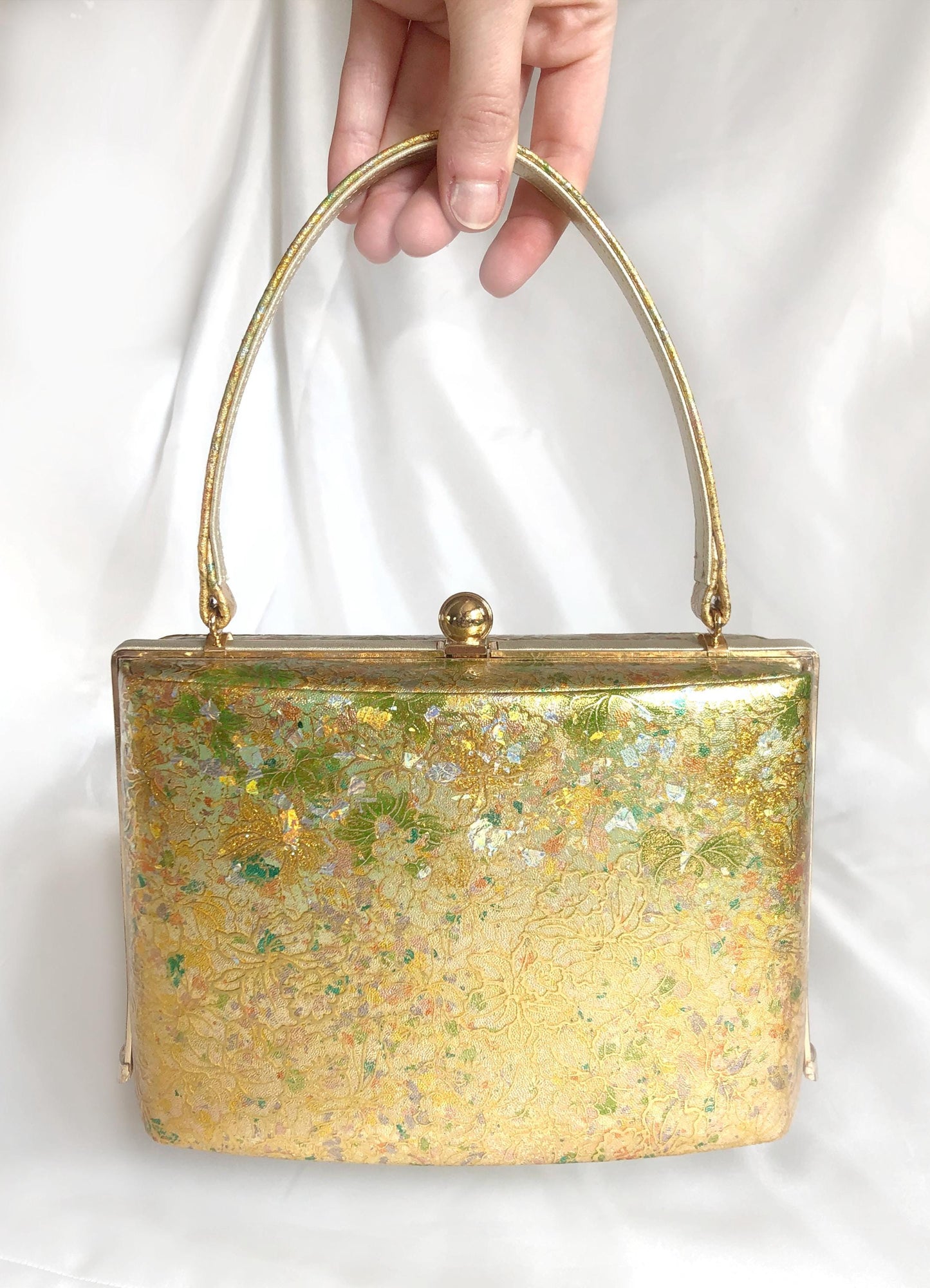 Vintage kimono handbag - golden orchids with holographic foil