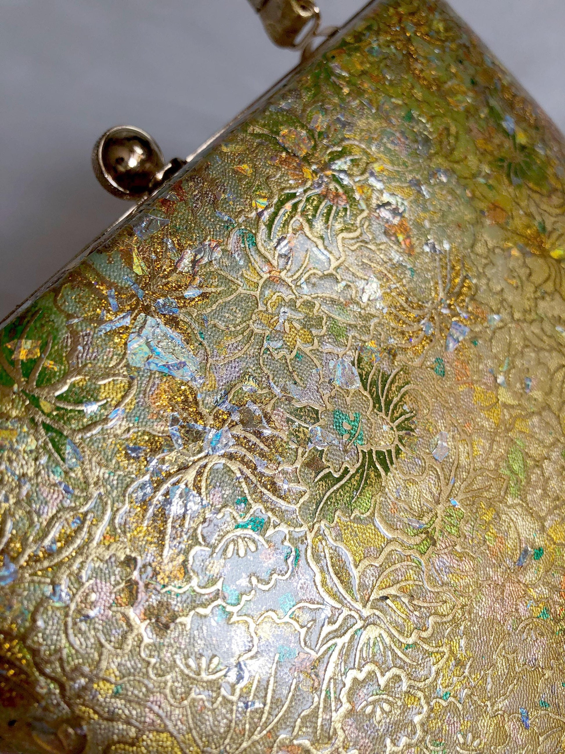 Vintage kimono handbag - golden orchids with holographic foil