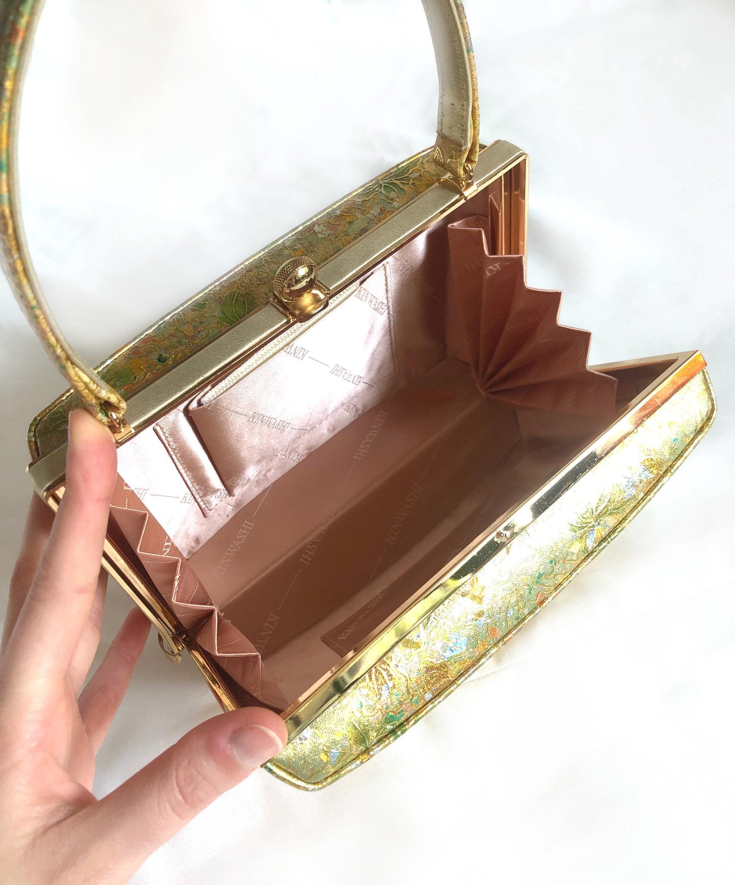 Vintage kimono handbag - golden orchids with holographic foil