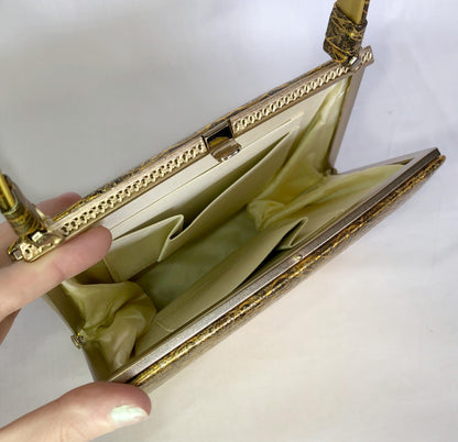 Vintage kimono handbag - golden patent leather with traditional motif