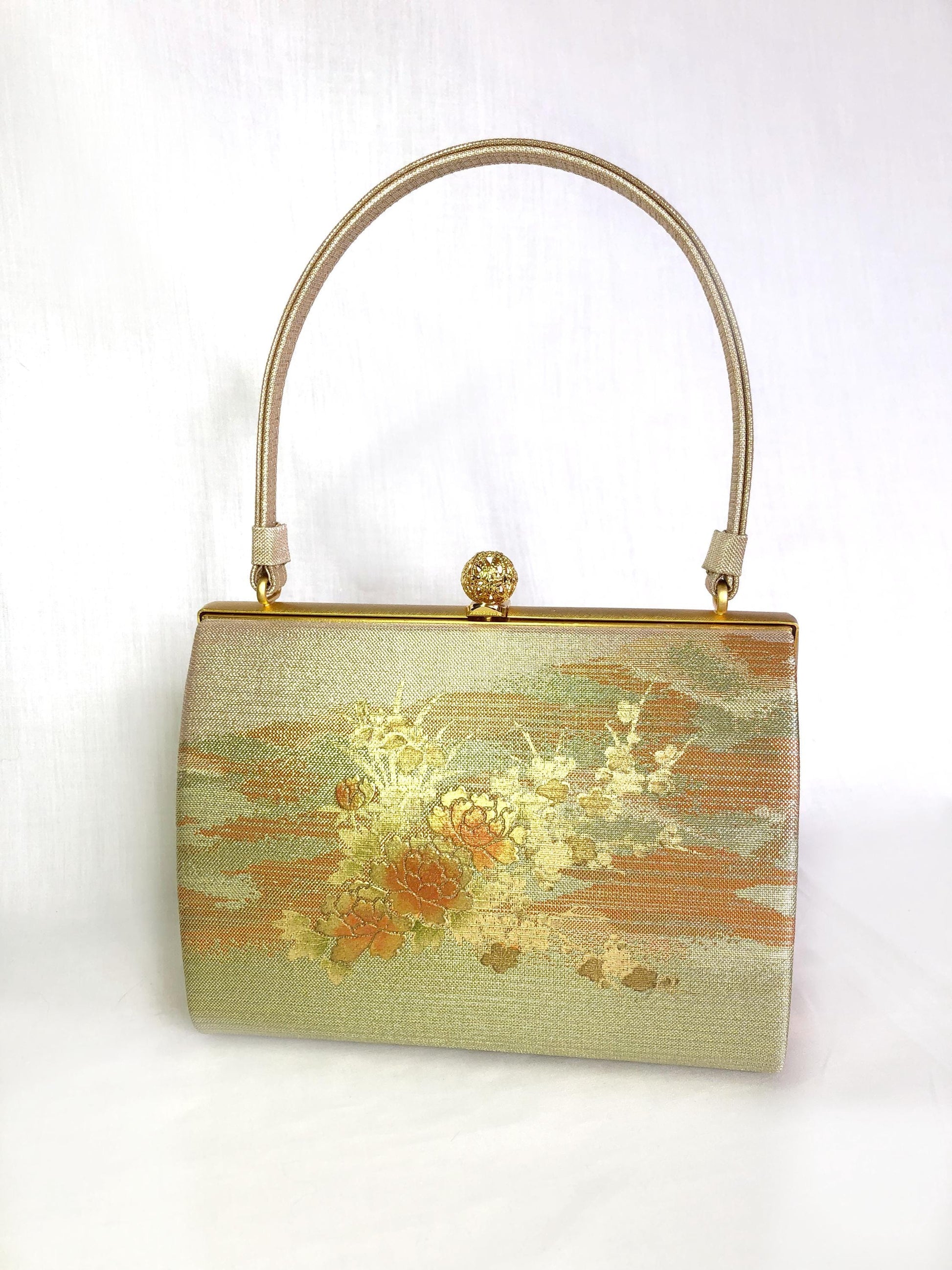 Vintage kimono handbag - gold, green, and orange with peony flowers