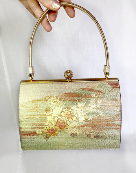 Vintage kimono handbag - gold, green, and orange with peony flowers