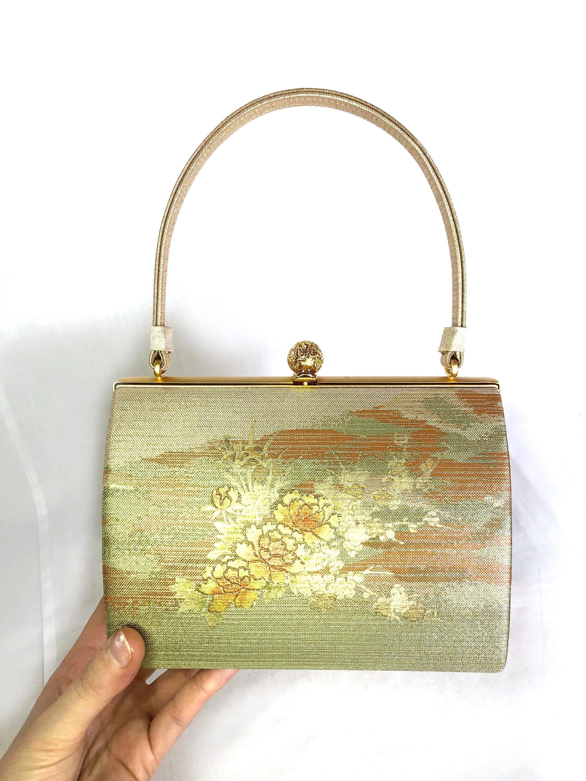 Vintage kimono handbag - gold, green, and orange with peony flowers
