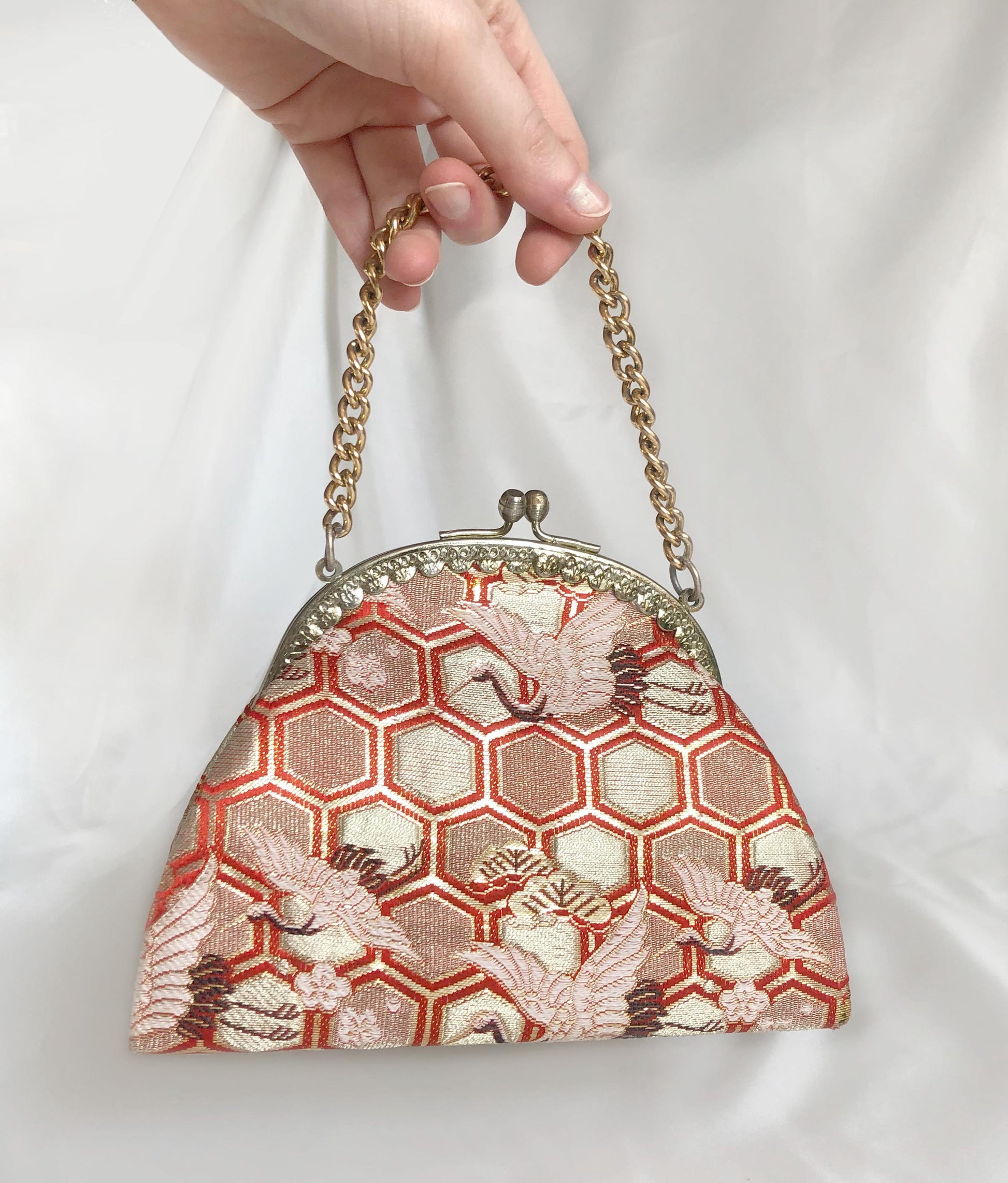 Vintage kimono handbag for children - golden and red with a flock of cranes