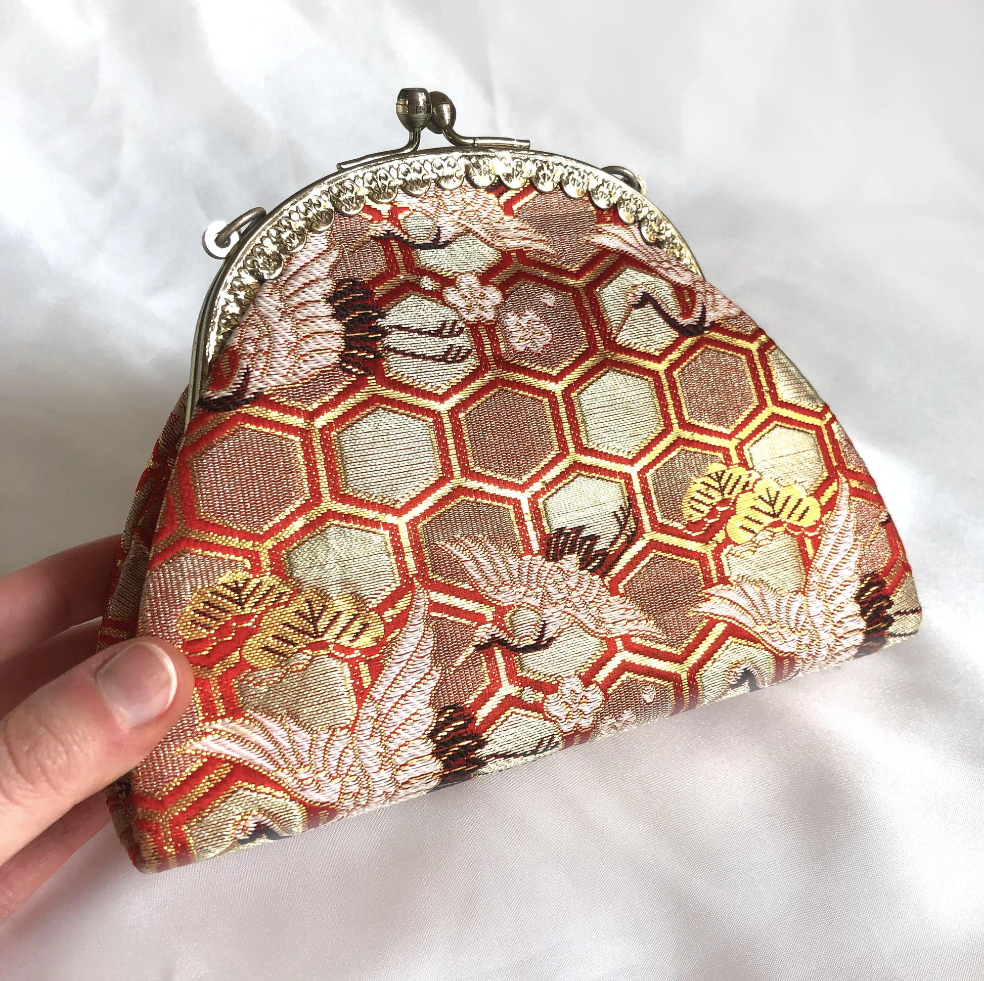 Vintage kimono handbag for children - golden and red with a flock of cranes