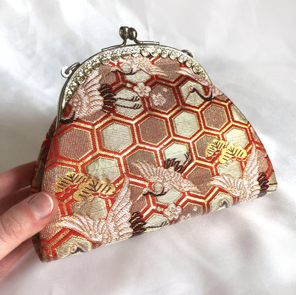 Vintage kimono handbag for children - golden and red with a flock of cranes