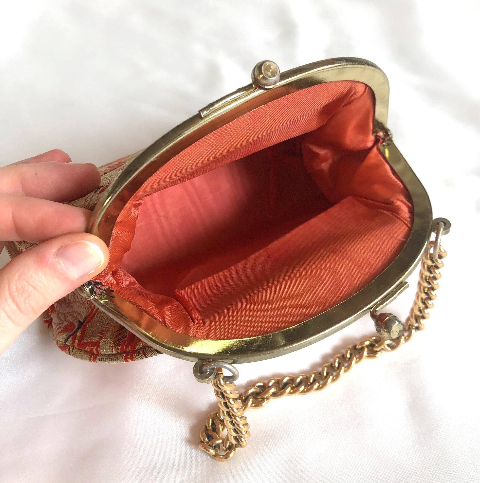 Vintage kimono handbag for children - golden and red with a flock of cranes