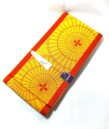 Vintage Japanese hanhaba obi - yellow and red umbrellas - unused