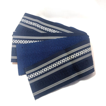 Vintage narrow kaku obi - reversible navy blue hakata ori