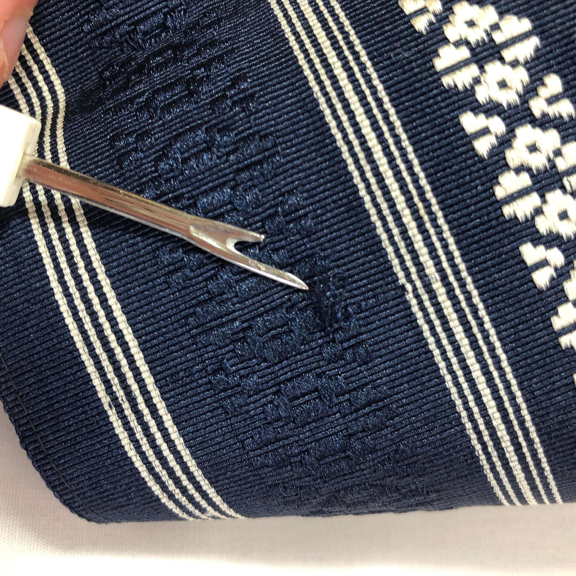 Vintage narrow kaku obi - reversible navy blue hakata ori