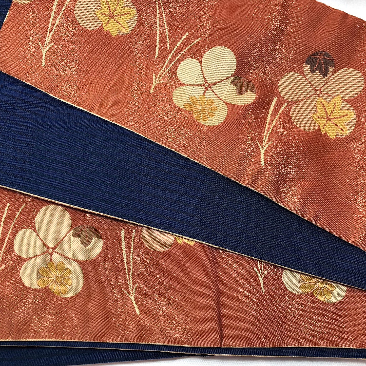 Reversible Japanese hanhaba obi - brown and blue with floral pattern
