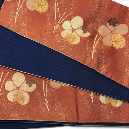 Reversible Japanese hanhaba obi - brown and blue with floral pattern