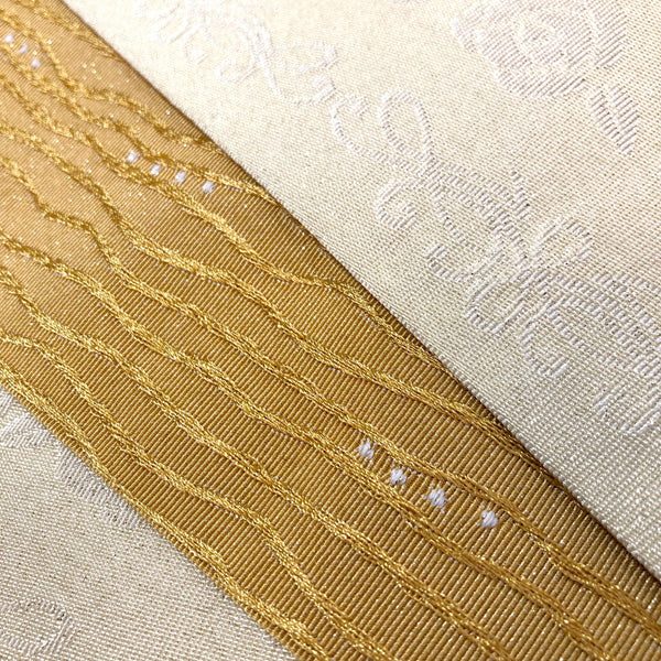 Reversible Japanese hanhaba obi - sparkly light yellow and ochre roses