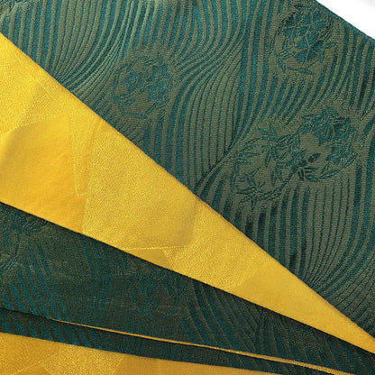 Reversible Japanese hanhaba obi - ochre yellow and dark green waves