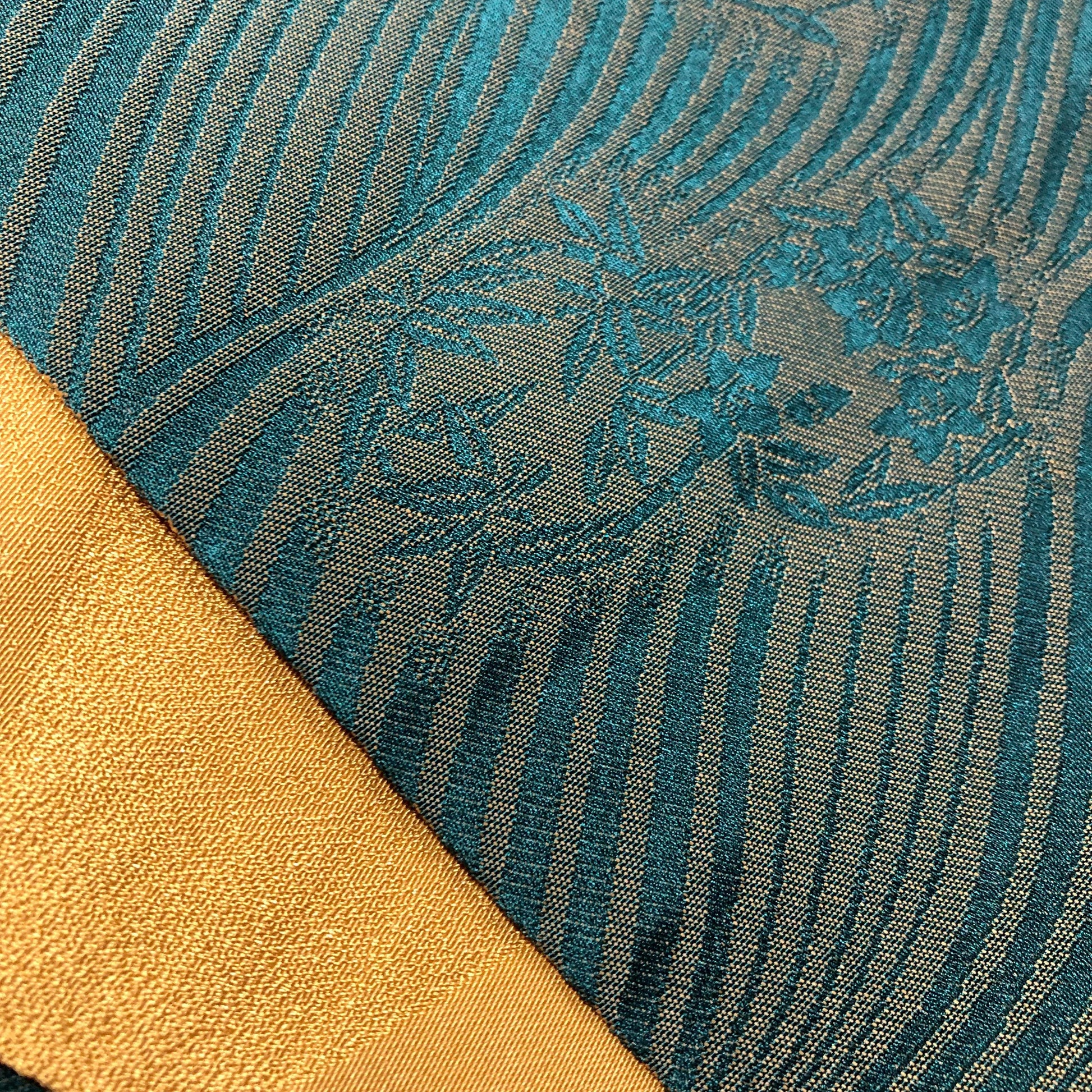 Reversible Japanese hanhaba obi - ochre yellow and dark green waves