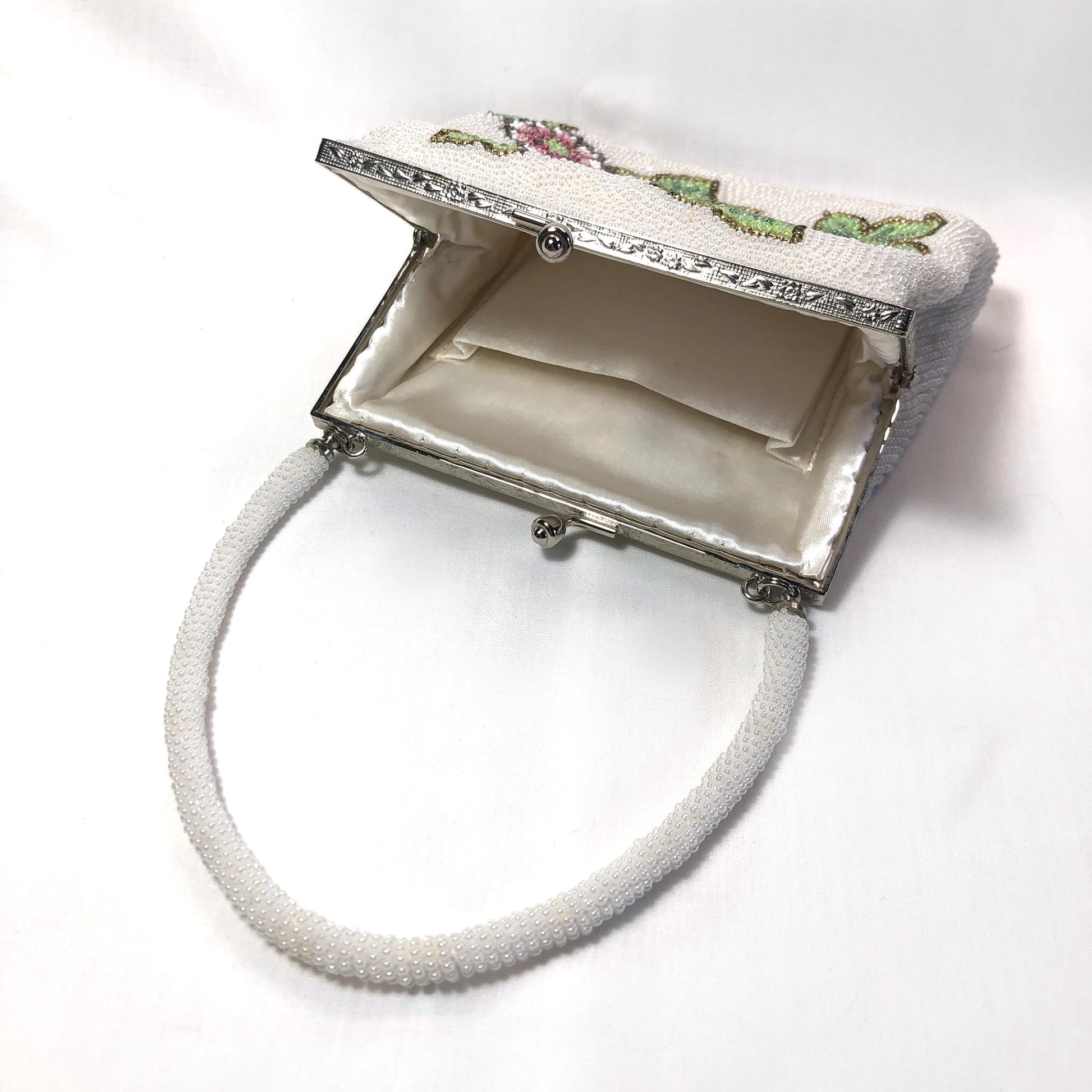 Miniature beaded kimono handbag - white with red, pink, and blue flowers