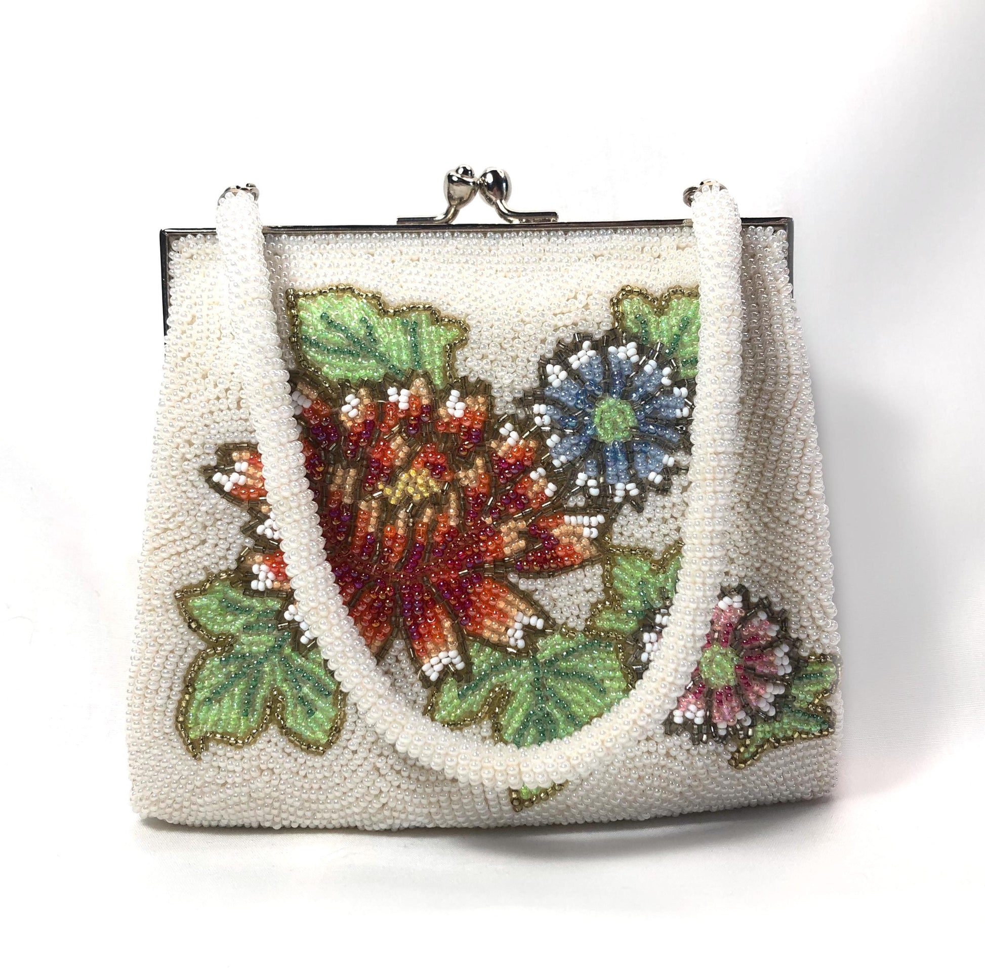 Miniature beaded kimono handbag - white with red, pink, and blue flowers