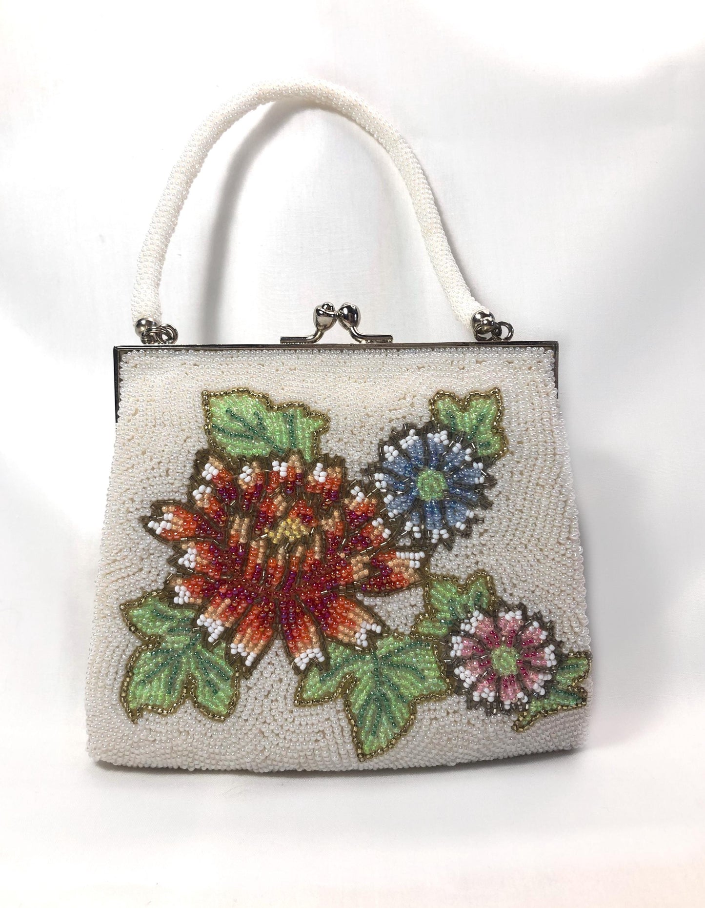 Miniature beaded kimono handbag - white with red, pink, and blue flowers