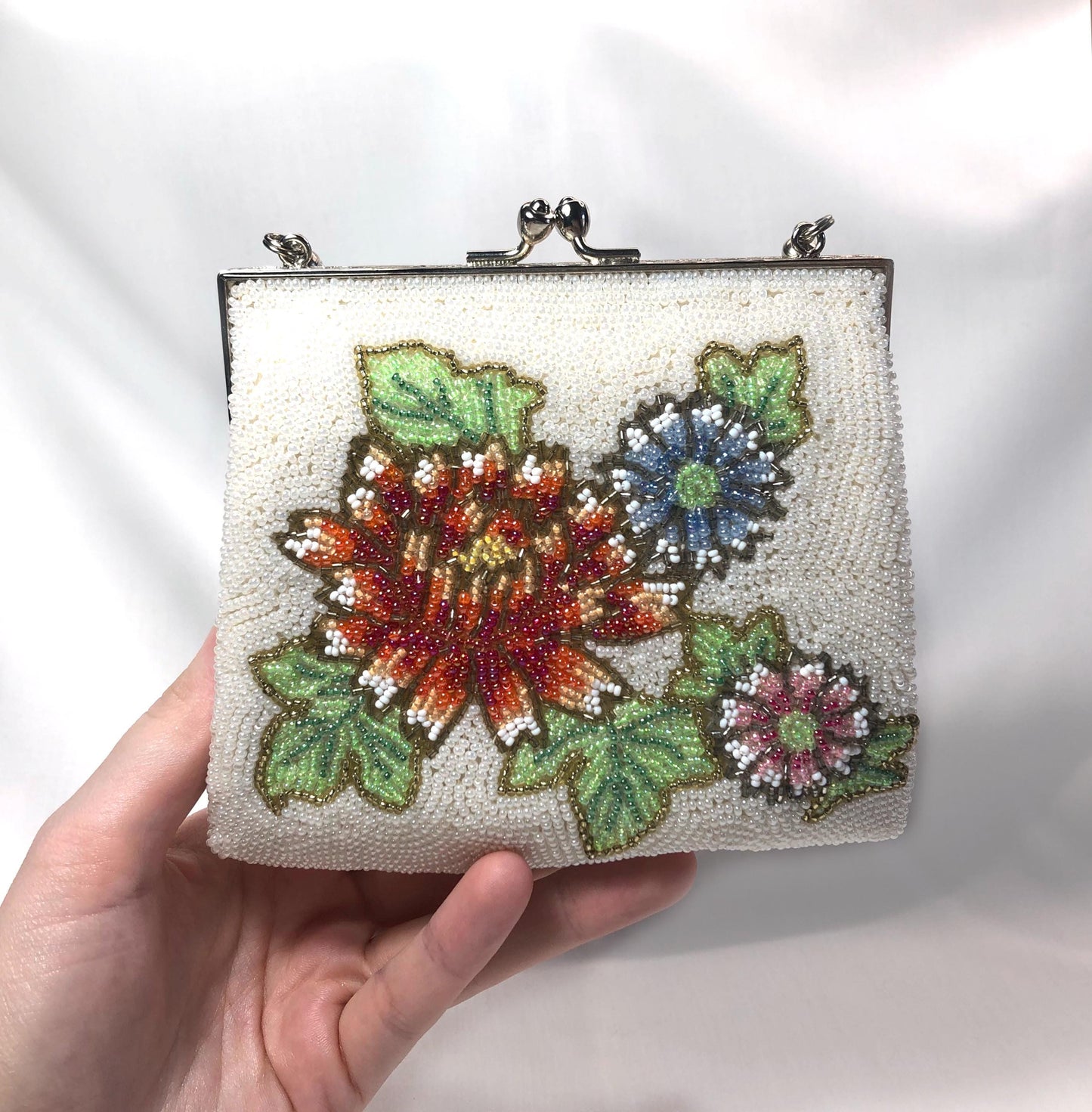 Miniature beaded kimono handbag - white with red, pink, and blue flowers