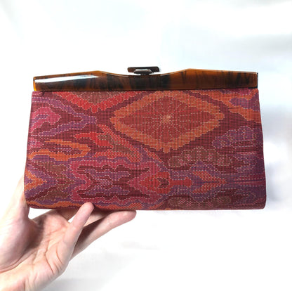 Vintage kimono handbag Ooshima tsumugi - red silk taffeta with abstract pattern