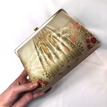 Vintage kimono handbag - two-way light gold with pine trees pattern