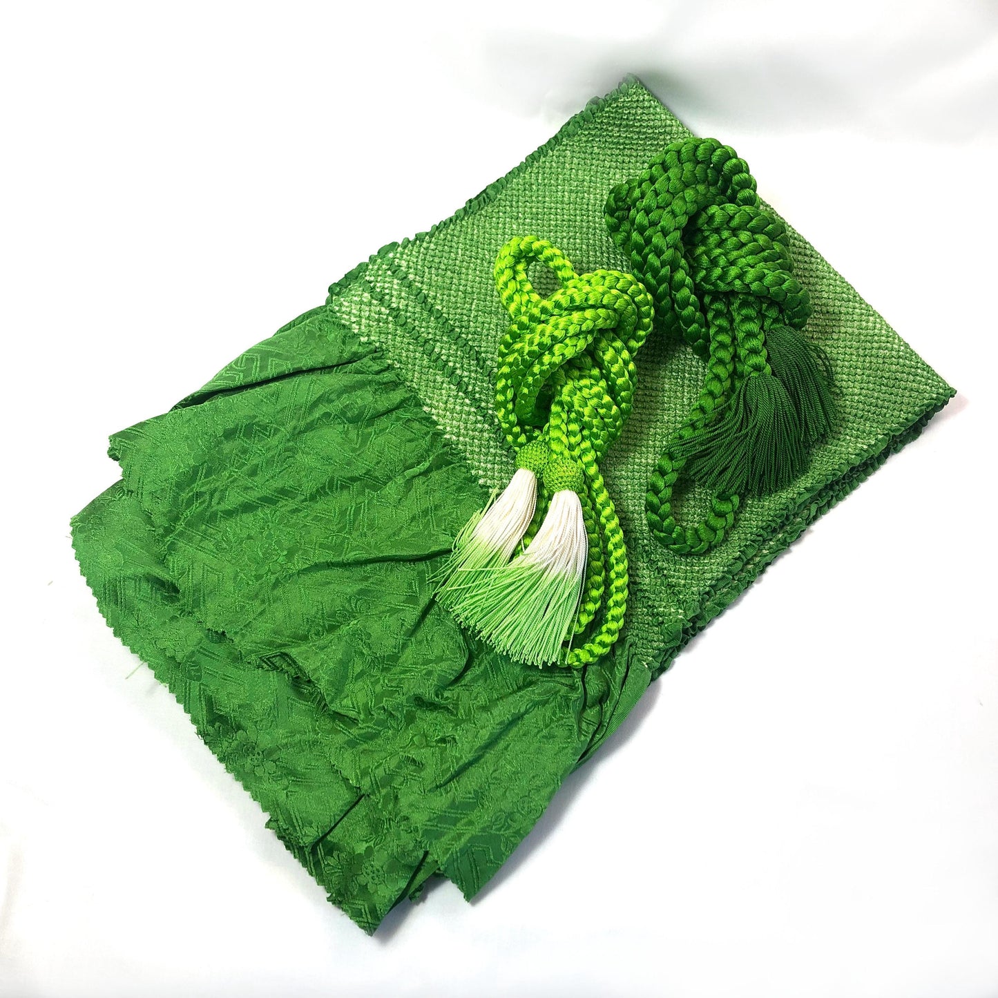 Vintage Japanese silk shibori obiage sash and obijime set - dark and light green, set of 3