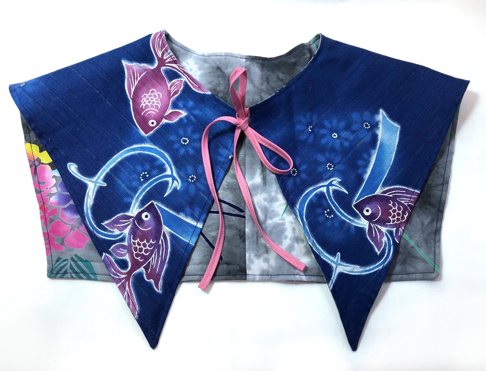 Handmade reversible sailor collar - kimono remake - goldfish and hydrangeas