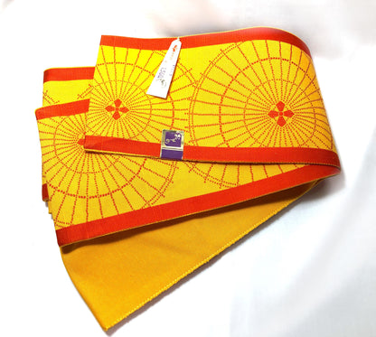 Vintage Japanese hanhaba obi - yellow and red umbrellas - unused