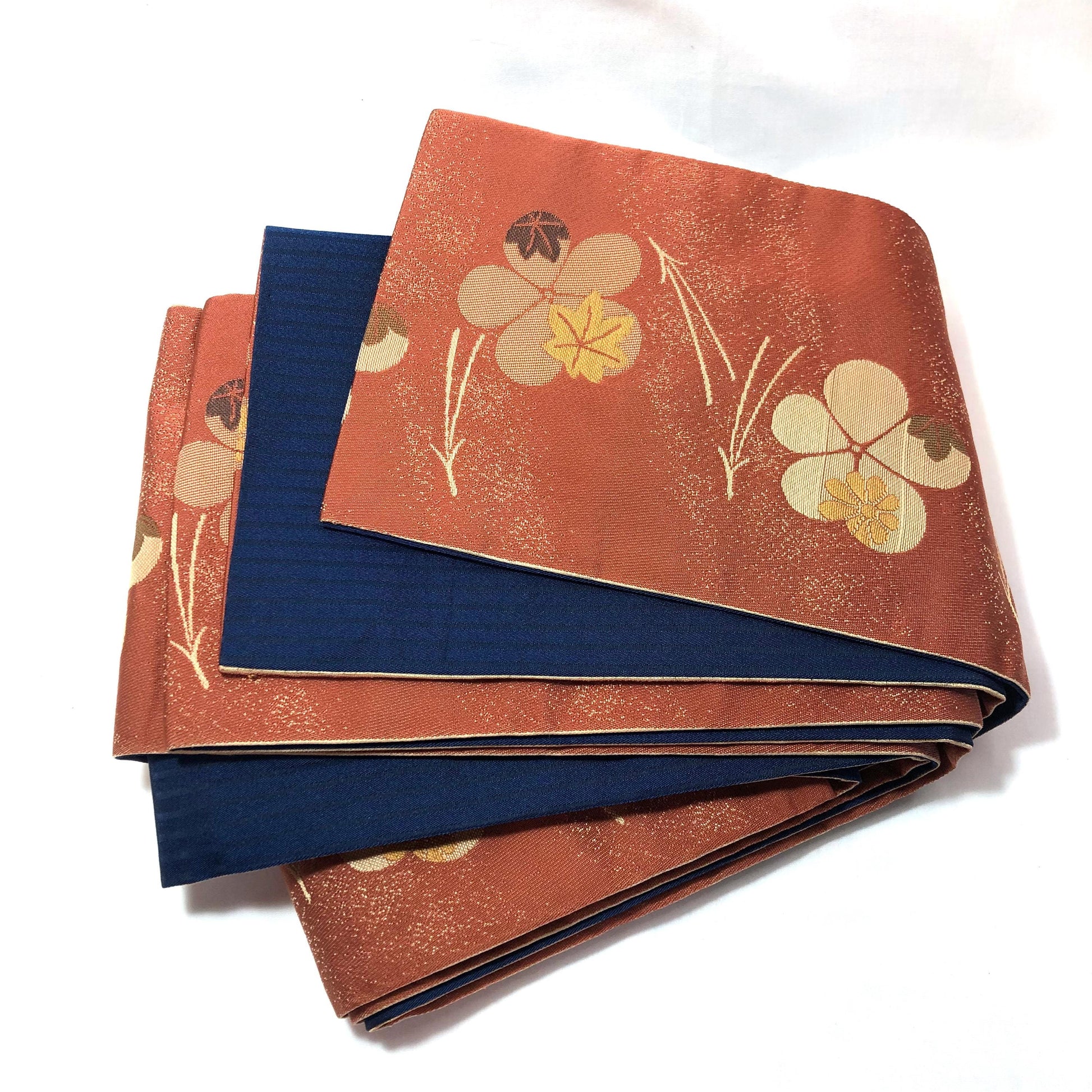 Reversible Japanese hanhaba obi - brown and blue with floral pattern