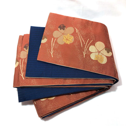 Reversible Japanese hanhaba obi - brown and blue with floral pattern