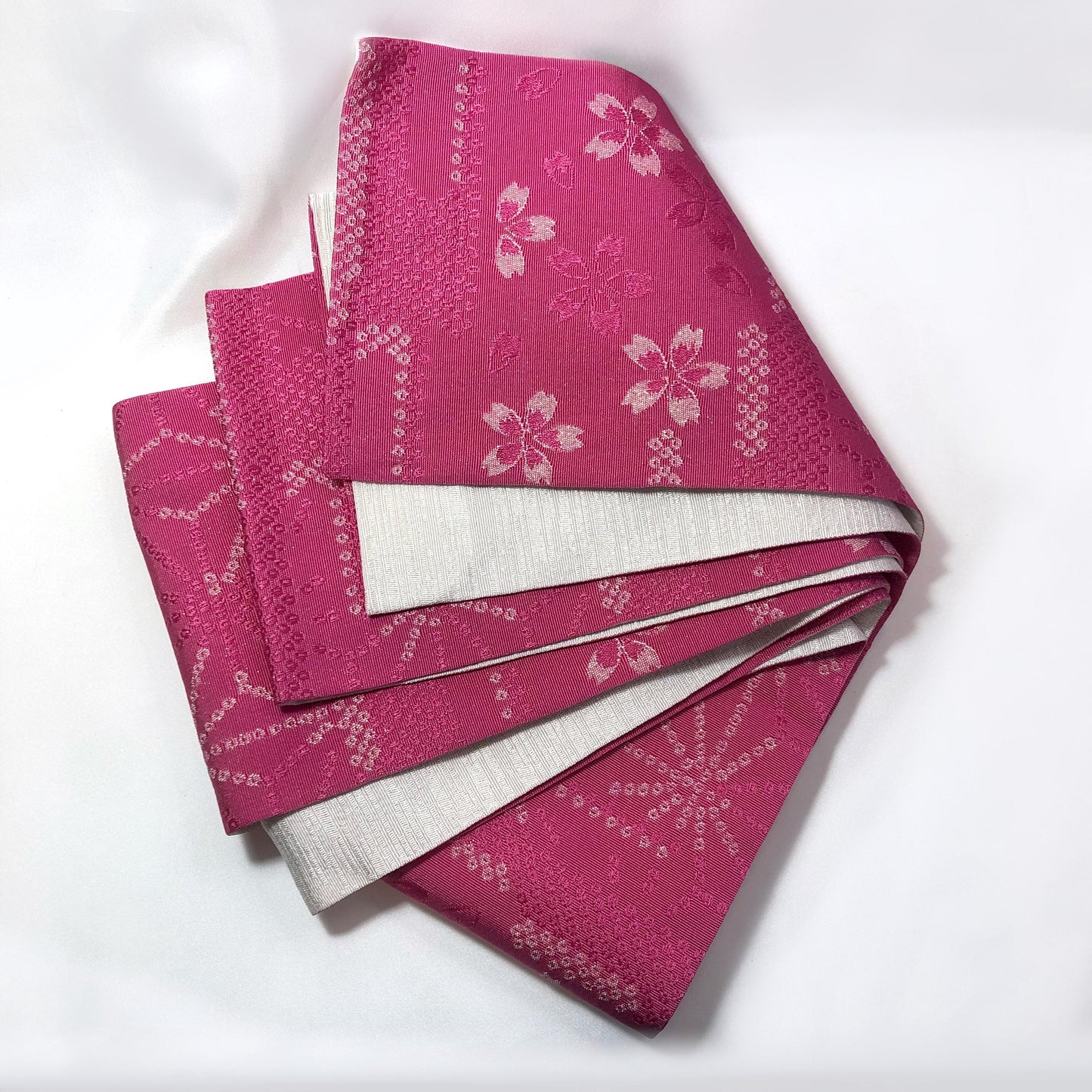 Reversible Japanese hanhaba obi - pink and pearl white sakura