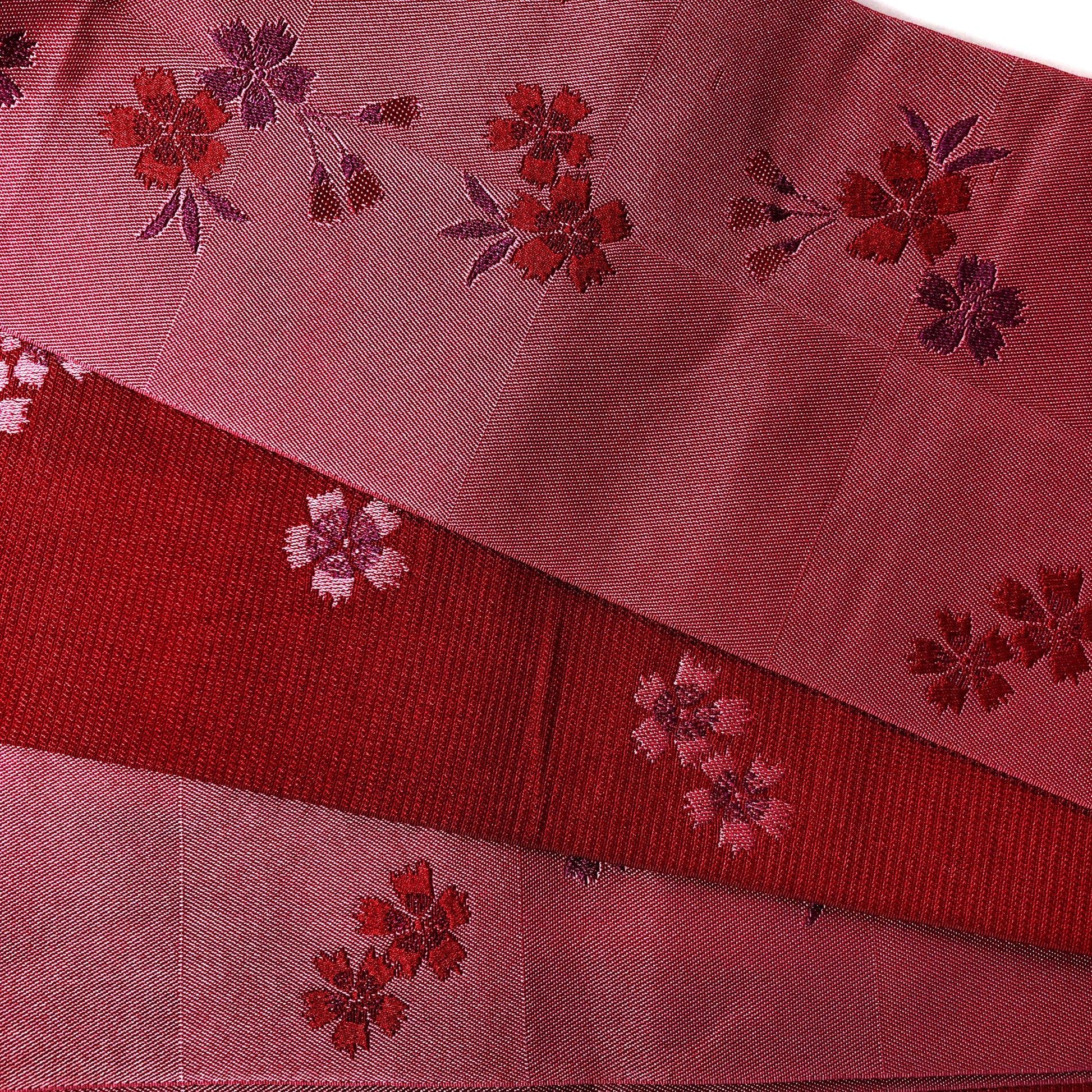 Reversible Japanese hanhaba obi - bright pink and red carnation flowers
