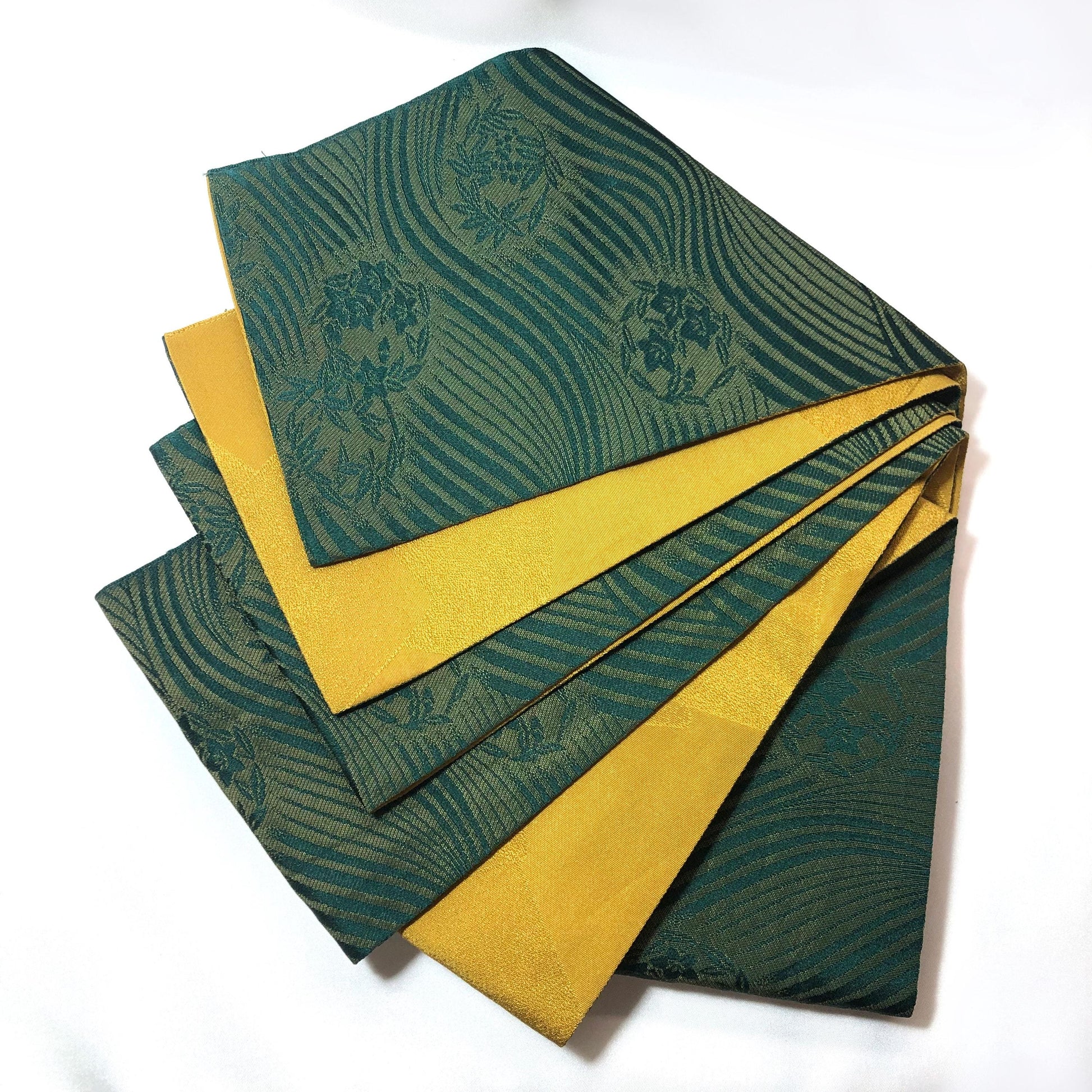 Reversible Japanese hanhaba obi - ochre yellow and dark green waves