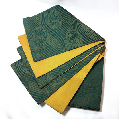 Reversible Japanese hanhaba obi - ochre yellow and dark green waves