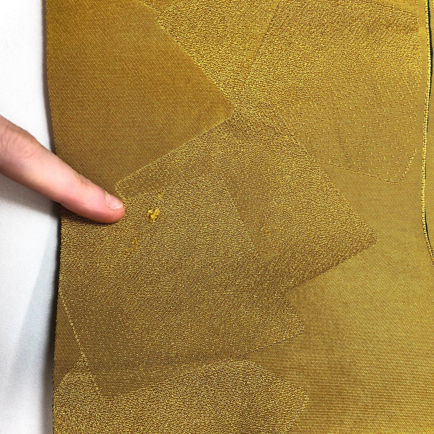 Reversible Japanese hanhaba obi - ochre yellow and dark green waves