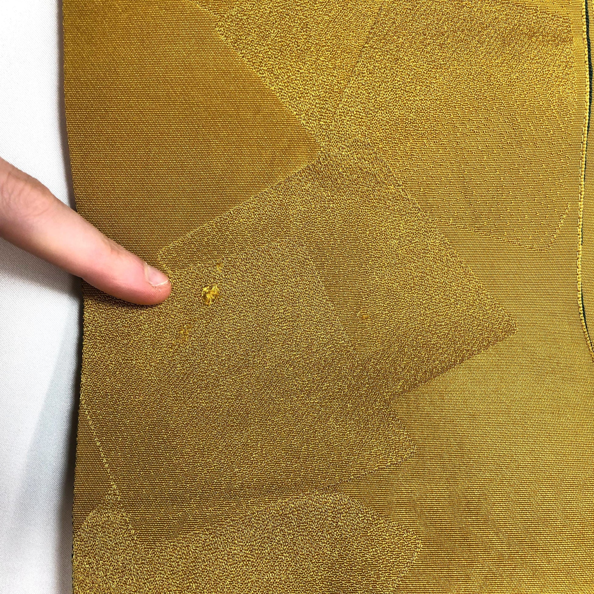 Reversible Japanese hanhaba obi - ochre yellow and dark green waves