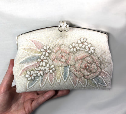 Vintage kimono handbag - two-way beaded white with pastel flowers