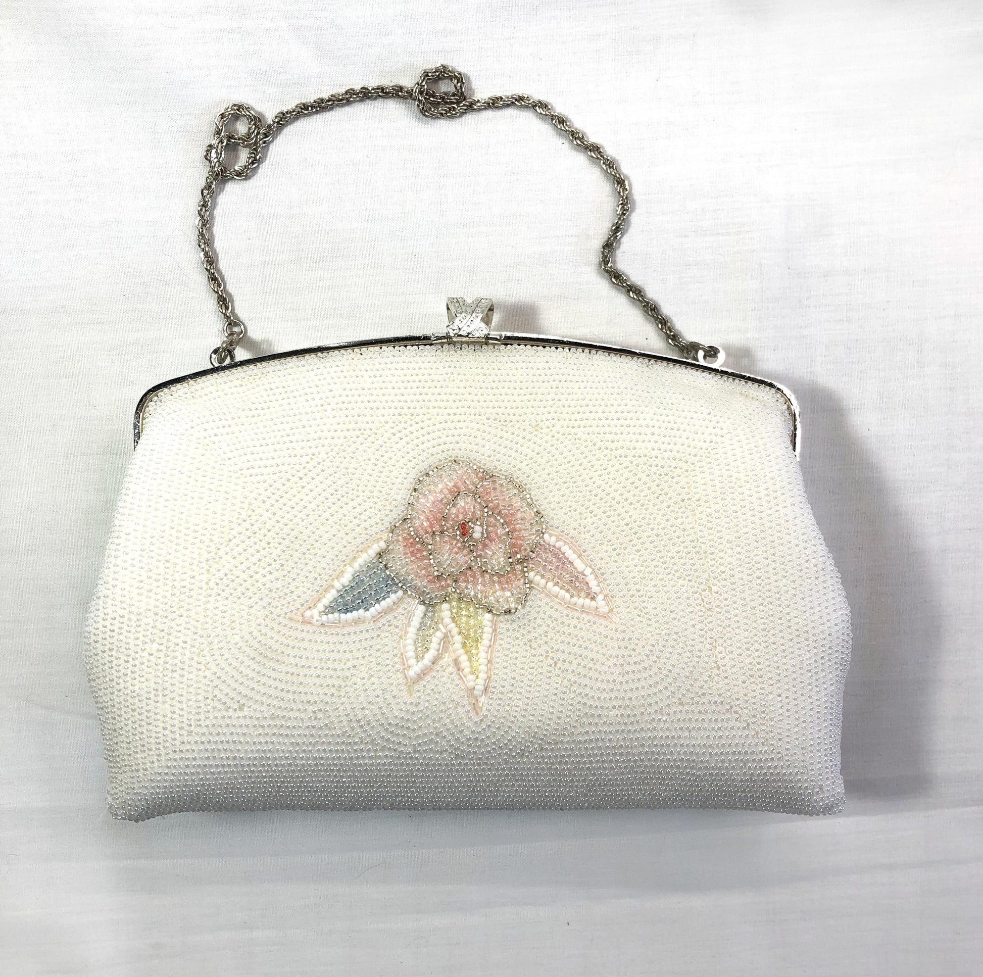 Vintage kimono handbag - two-way beaded white with pastel flowers