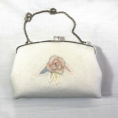 Vintage kimono handbag - two-way beaded white with pastel flowers