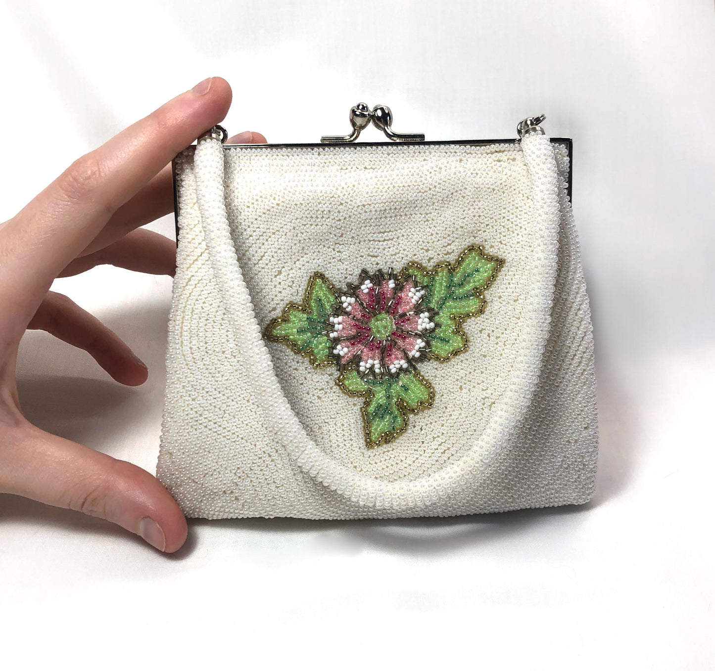 Miniature beaded kimono handbag - white with red, pink, and blue flowers