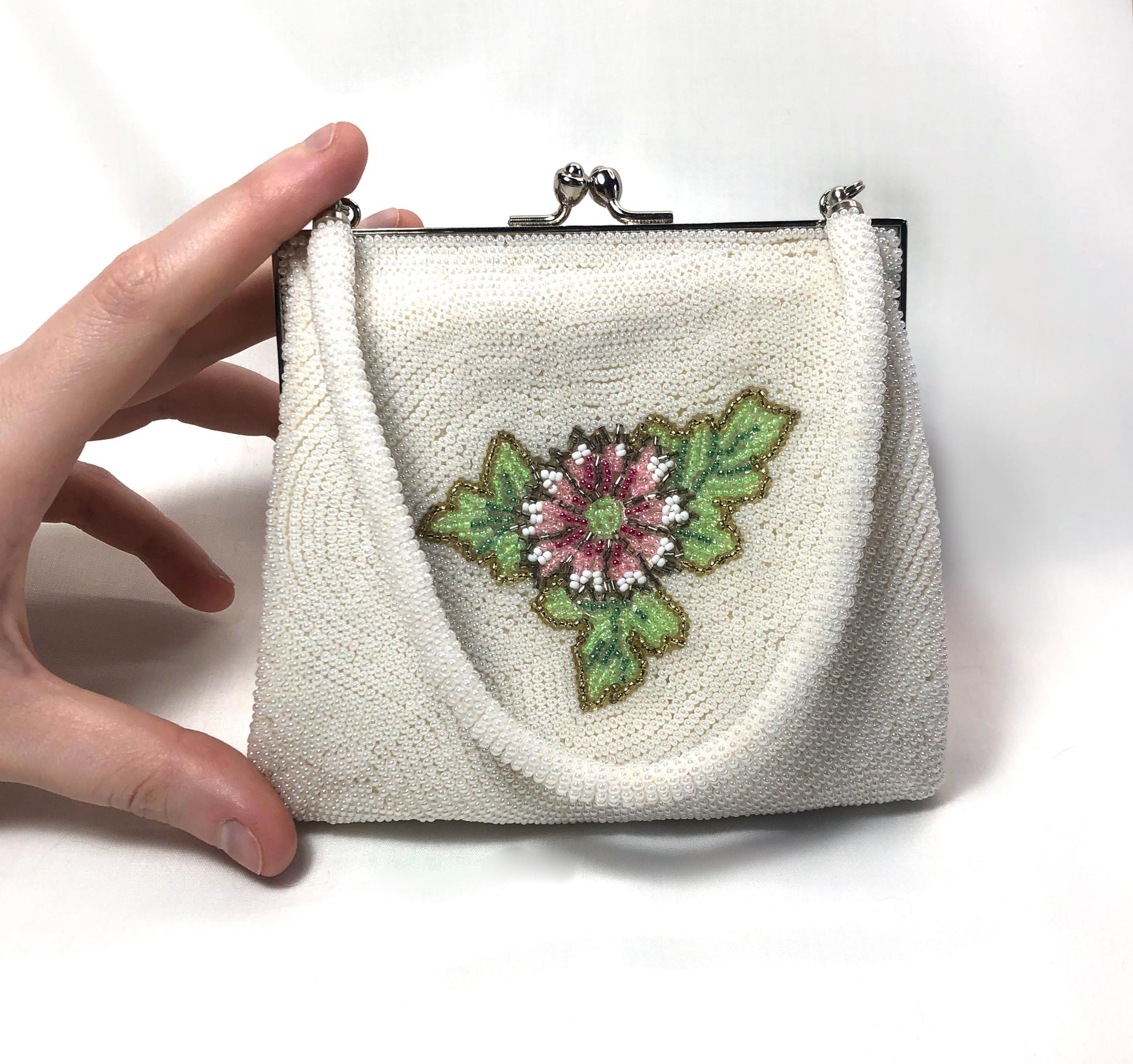 Miniature beaded kimono handbag - white with red, pink, and blue flowers