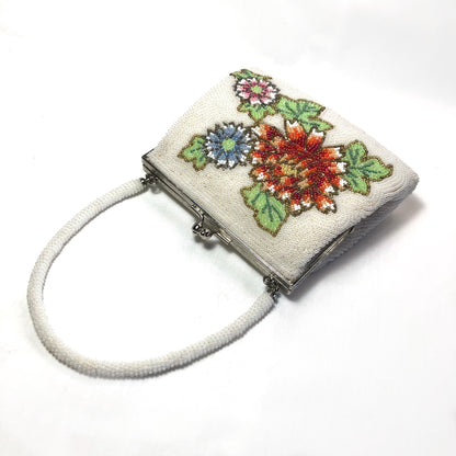 Miniature beaded kimono handbag - white with red, pink, and blue flowers