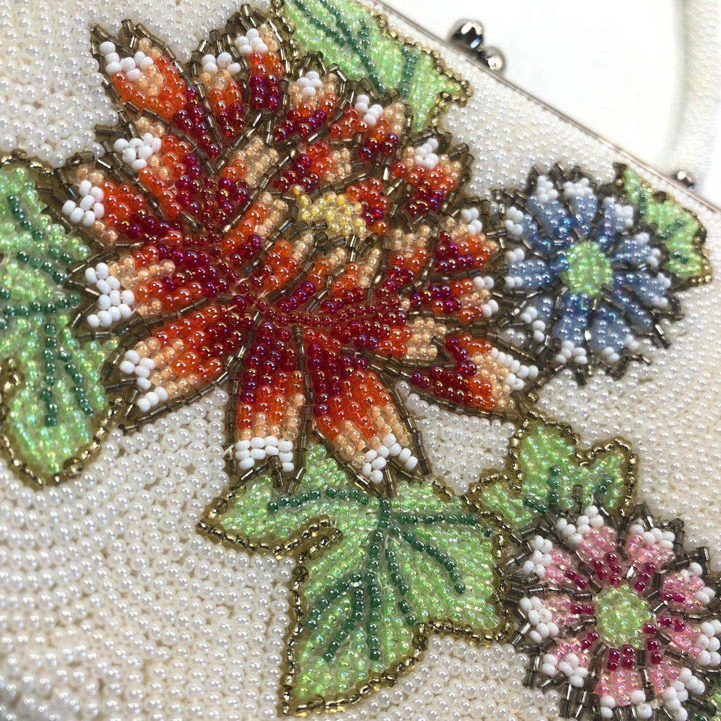 Miniature beaded kimono handbag - white with red, pink, and blue flowers