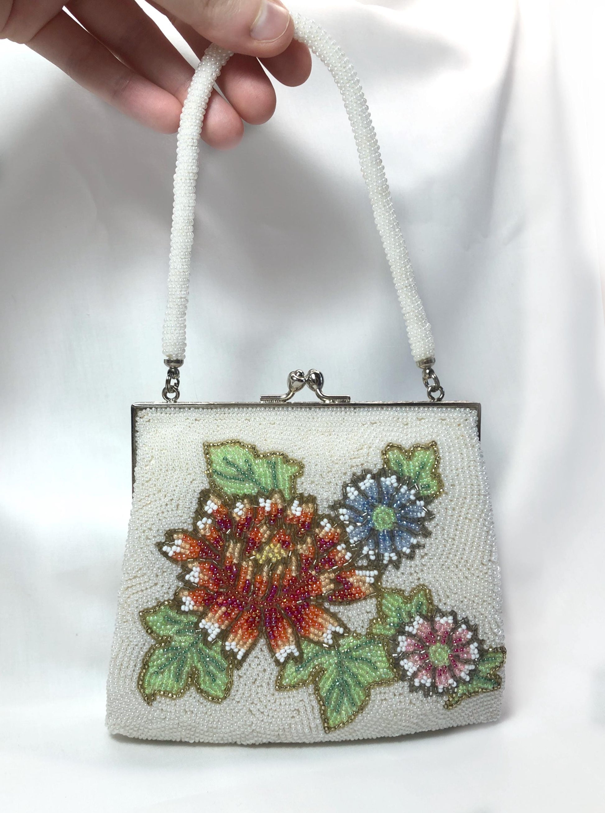 Miniature beaded kimono handbag - white with red, pink, and blue flowers